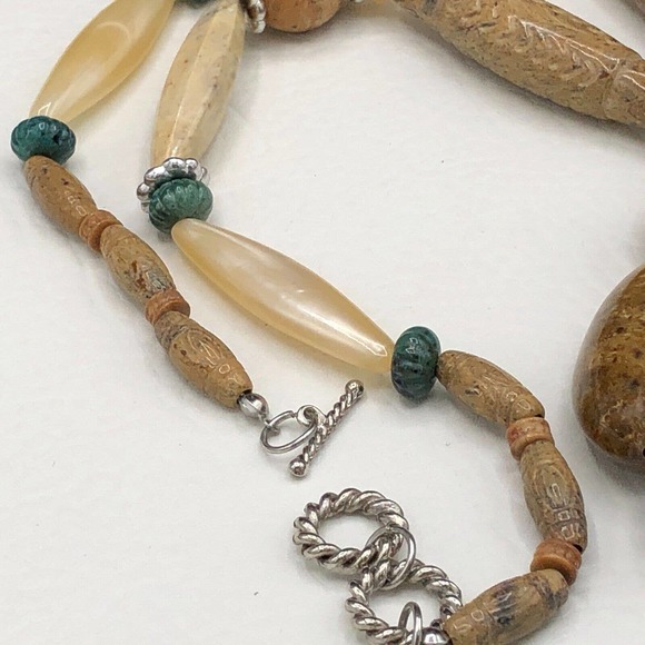 Tribal Carved Style 24” Chunky Acrylic Bead Necklace Faux Sandstone Earth Tones - Picture 6 of 9